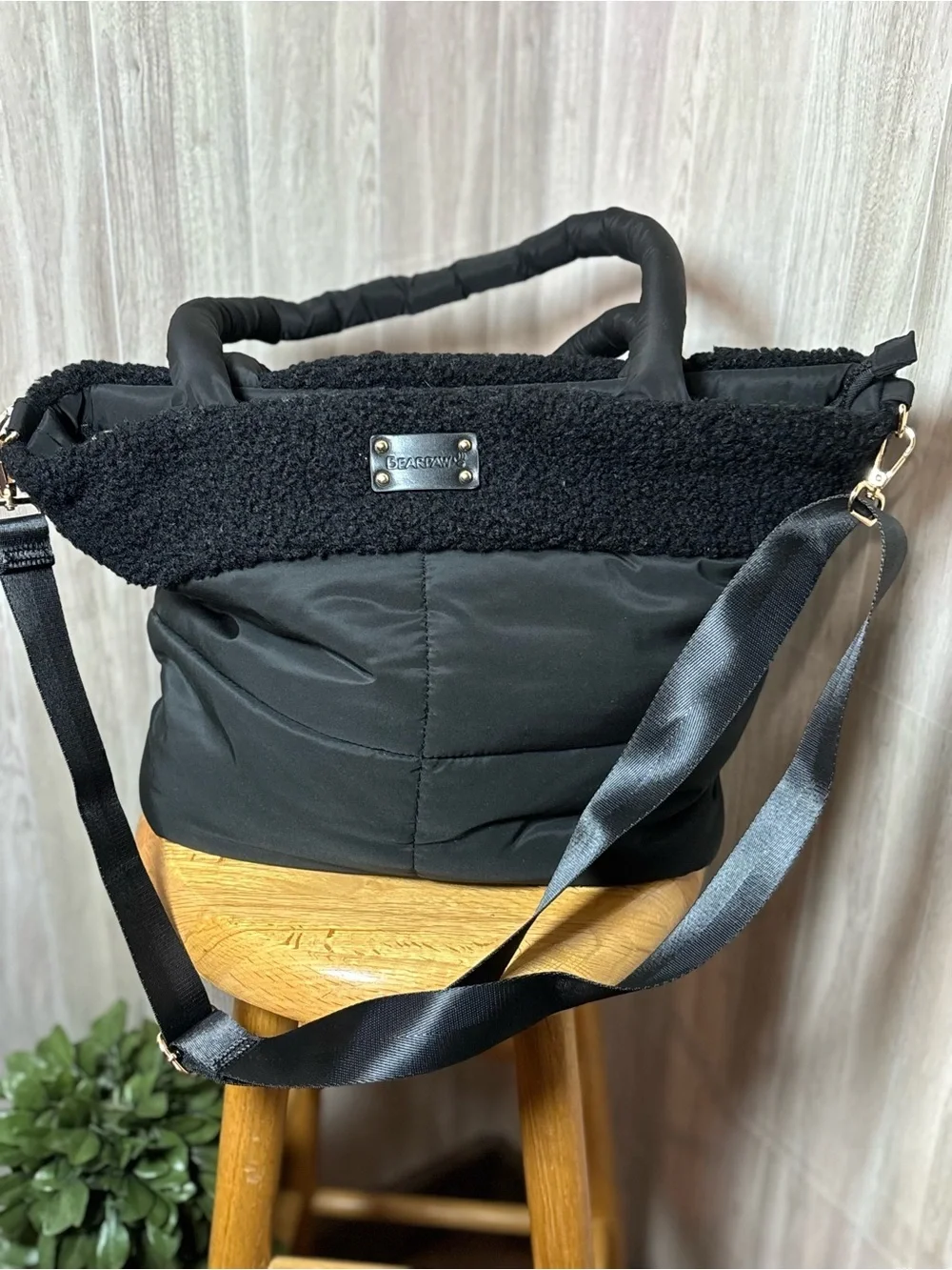 Bearpaw Black Quilted Puffer Tote Bag with Cozy Faux-Shearling Trim